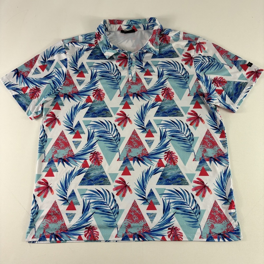 Yatta Golf Polo Shirt Mens 2XL Blue Red Tropical Geometric Print Performance